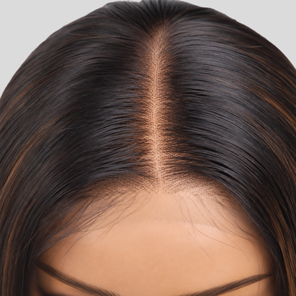 16-inch layered closure wig with sleek straight texture and soft highlights
