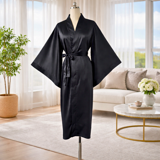 Satin Serenity Batwing Robe | Long Satin Kimono with Pockets