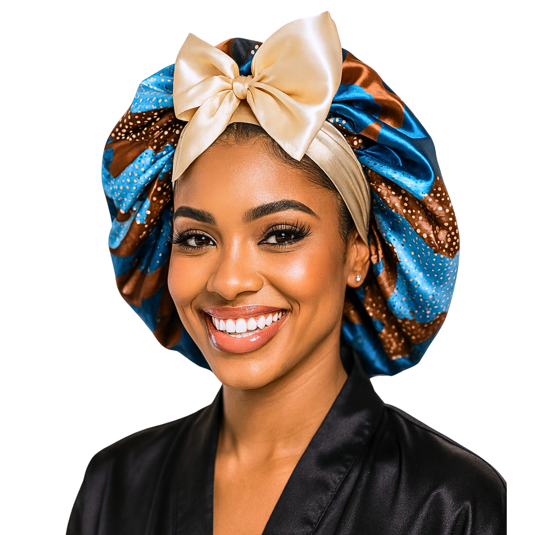 Gold and Brown Ankara Print All Satin Reversible Bonnet