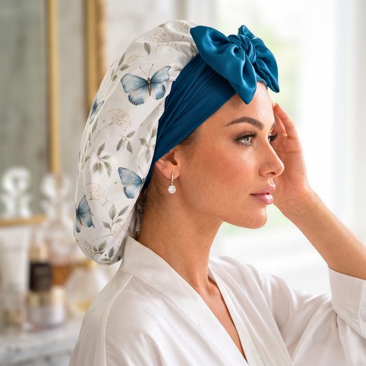 A woman in a white robe wearing a white satin bonnet with blue butterfly prints and a large blue bow, posed in a bright bathroom setting.