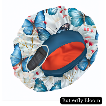 Shower cap with butterfly design on a white background