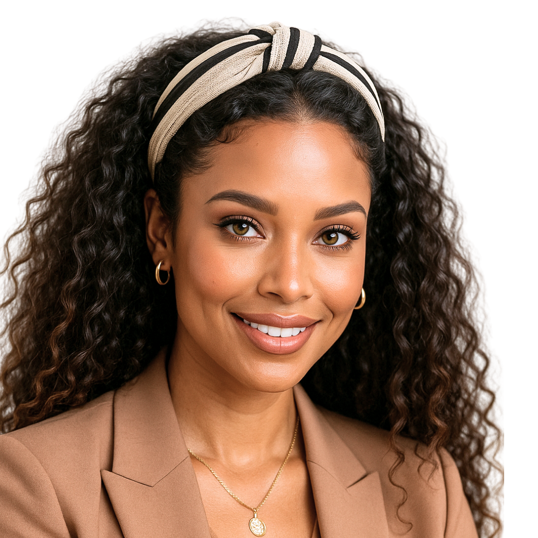 Woman wearing a beige and black twisted knot headband with big fluffly curly hair. The model is smiling on a white background