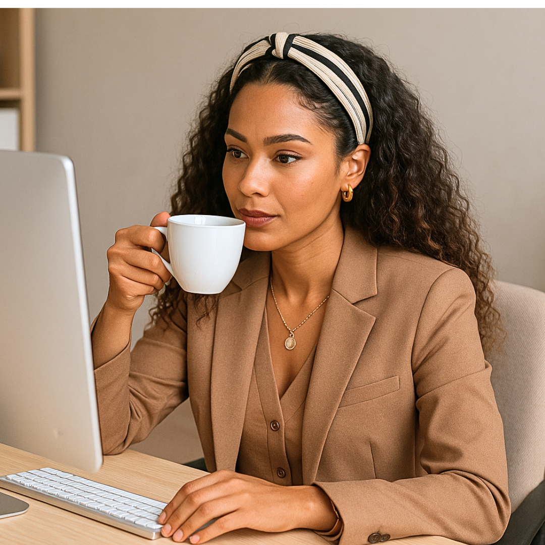 Woman in a beige blazer holding a white mug while using a laptop while wearing a minimalistic twisted knot chic beige and black headband