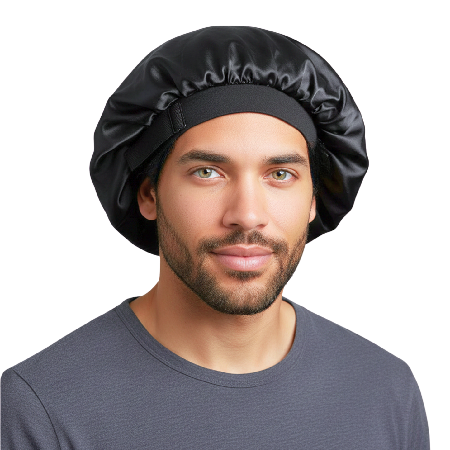 Man wearing a black satin no slip elastic pull bonnet against a white background