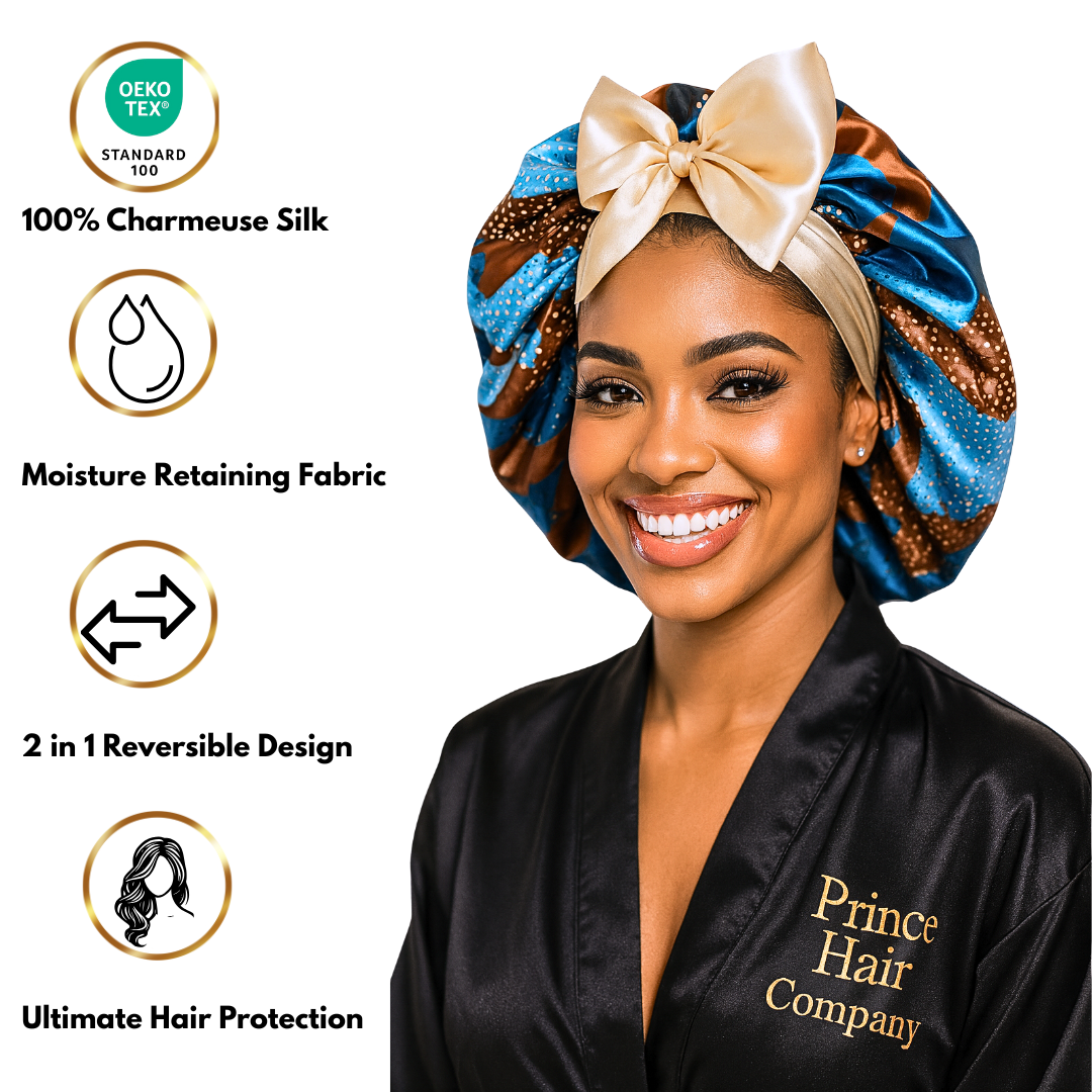 Woman wearing a reversible charmeuse silk satin hair bonnet with product features highlighted on a white background