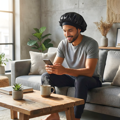 Man sitting on a couch wearing a non slip Prince Hair Company Unisex Elastic Pull Charmeuse Silk Satin Hair Bonnet while using a smartphone with a cup of coffee, surrounded by home decor.