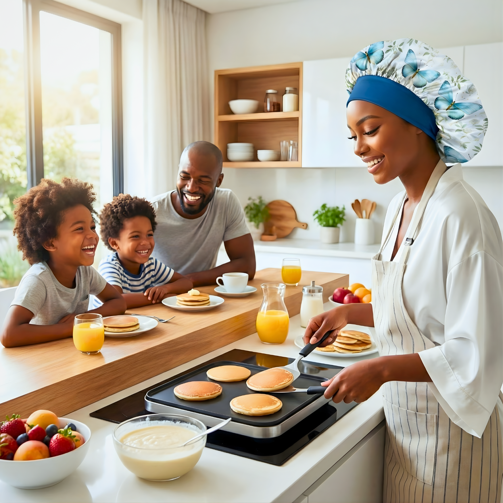Family in a bright kitchen preparing breakfast together, with the mother wearing a Charmeuse silk satin no-slip wide band hair bonnet in a floral butterfly print, showcasing protective nighttime hair care that still looks stylish during busy morning family routines.