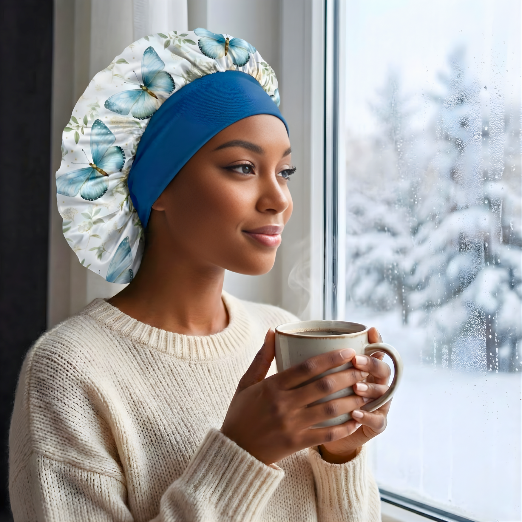 Woman wearing a floral Charmeuse silk satin no-slip wide band hair bonnet, holding a mug by a snowy window, showcasing cozy winter self-care and protective nighttime hair care in a soft, natural light setting.