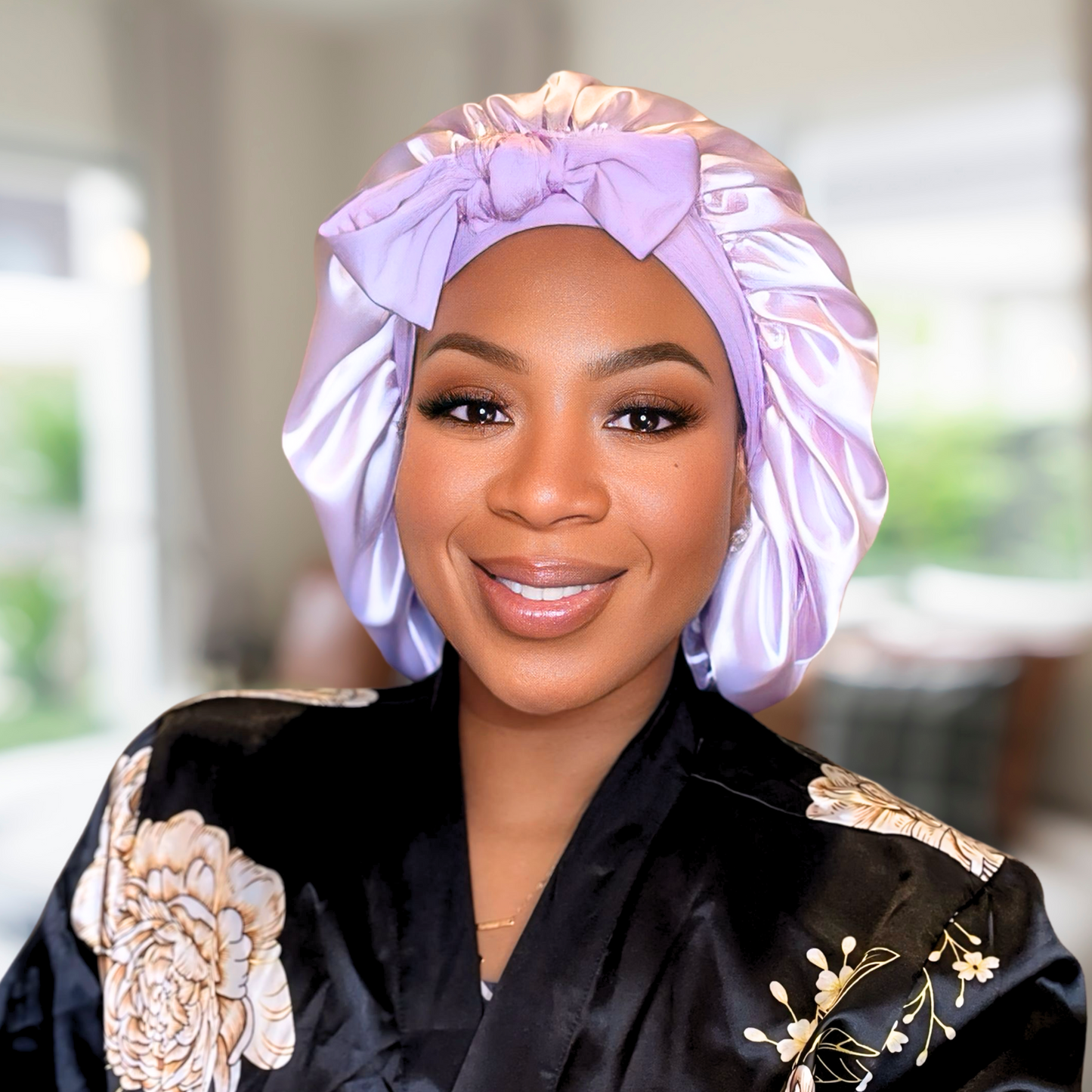 Lilac Satin-Lined Stretch Tie Bonnet