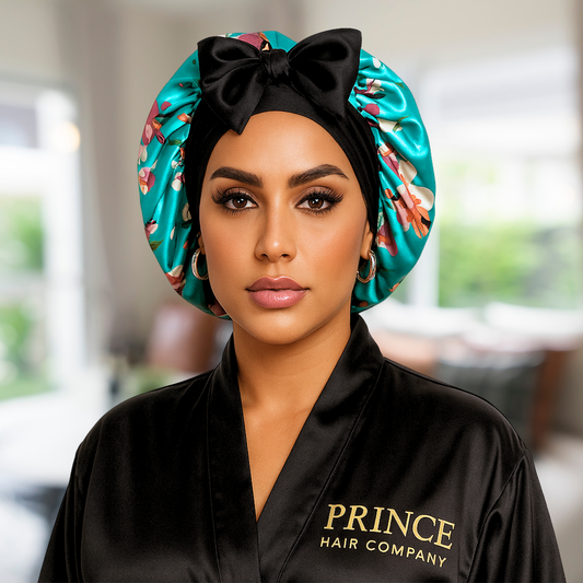 Woman wearing a teal floral satin head wrap sleep cap and a black robe with 'PRINCE HAIR COMPANY' branding in a blurred living room.