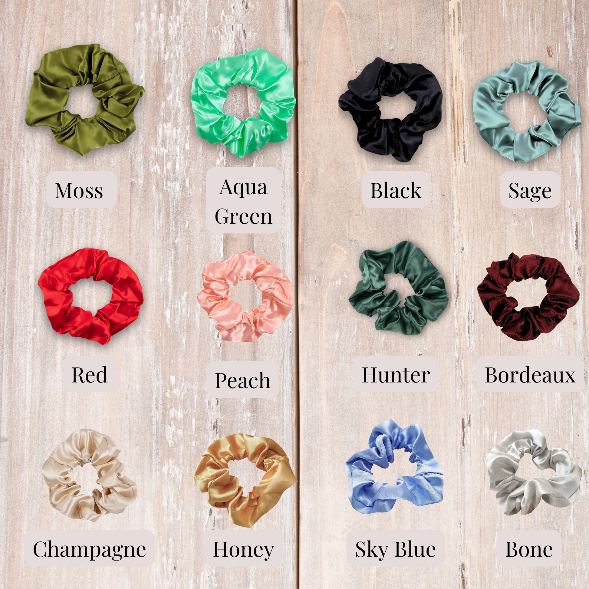 Handmade satin scrunchies in vibrant colors, moss, aqua green, black, sage, red, peach, hunter green, bordeaux, champagne, honey, sky blue, and bone. 