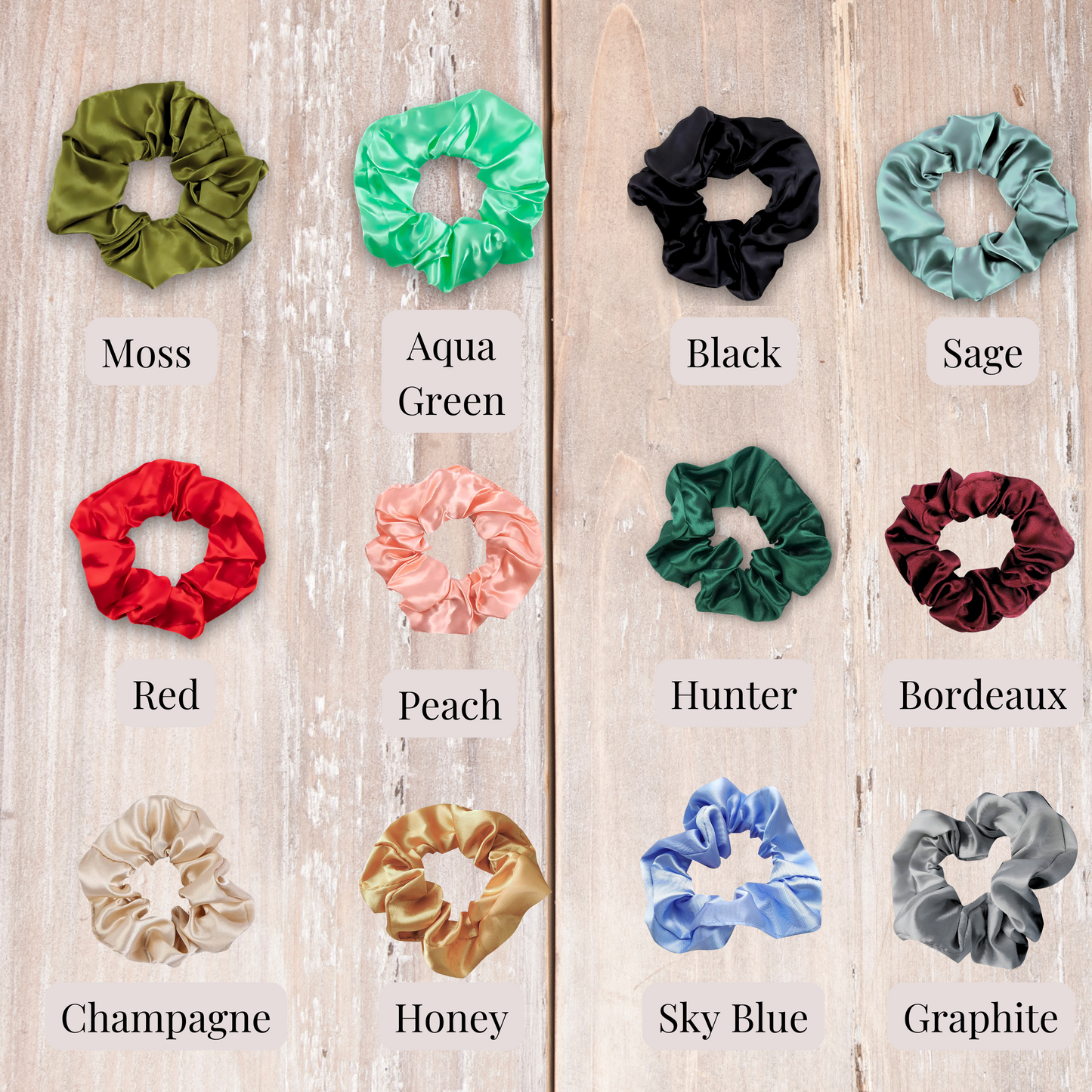 Satin scrunchies on wood background in the colors moss, aqua green, black, sage, red, peach, hunter, Bordeaux, champagne, honey, sky blue and graphite