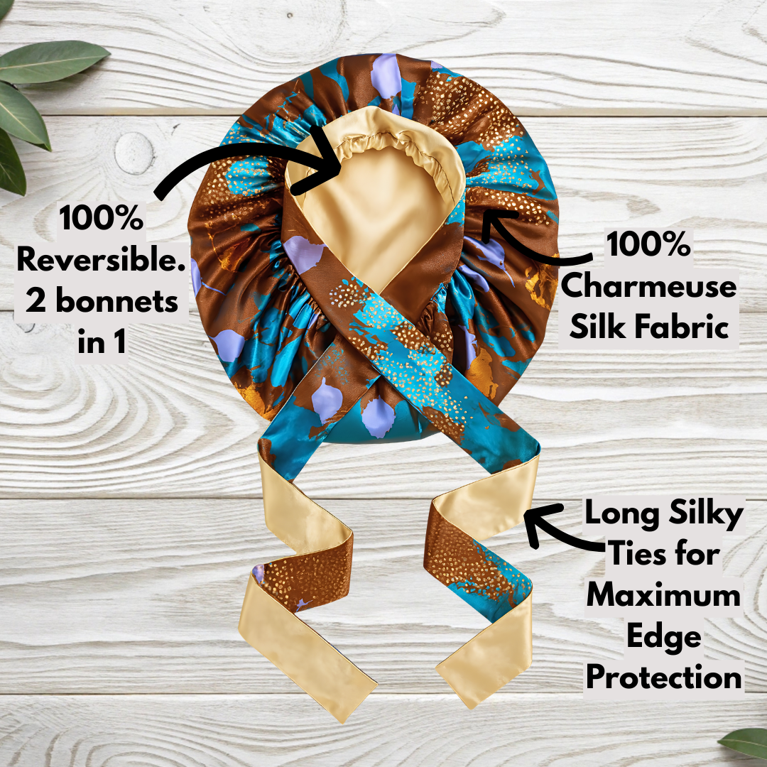 Reversible charmeuse brown Ankara print silk bonnet with text highlighting features on a wooden background