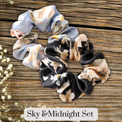 Baby Blue and Black floral satin scrunch on a wooden plank background. Sky and Midnight Bloom Set