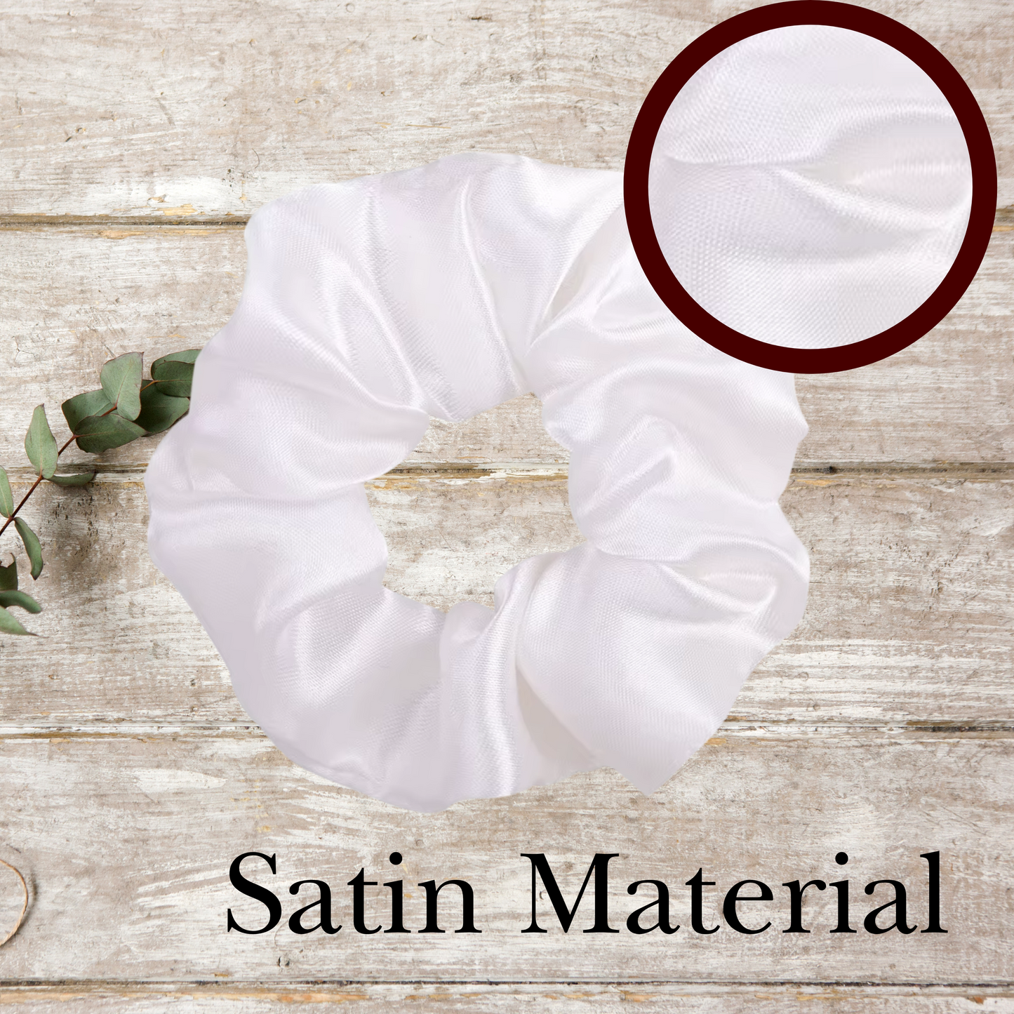 Close-up of soft satin scrunchies in red, white, and royal blue, highlighting their glossy texture and stretch