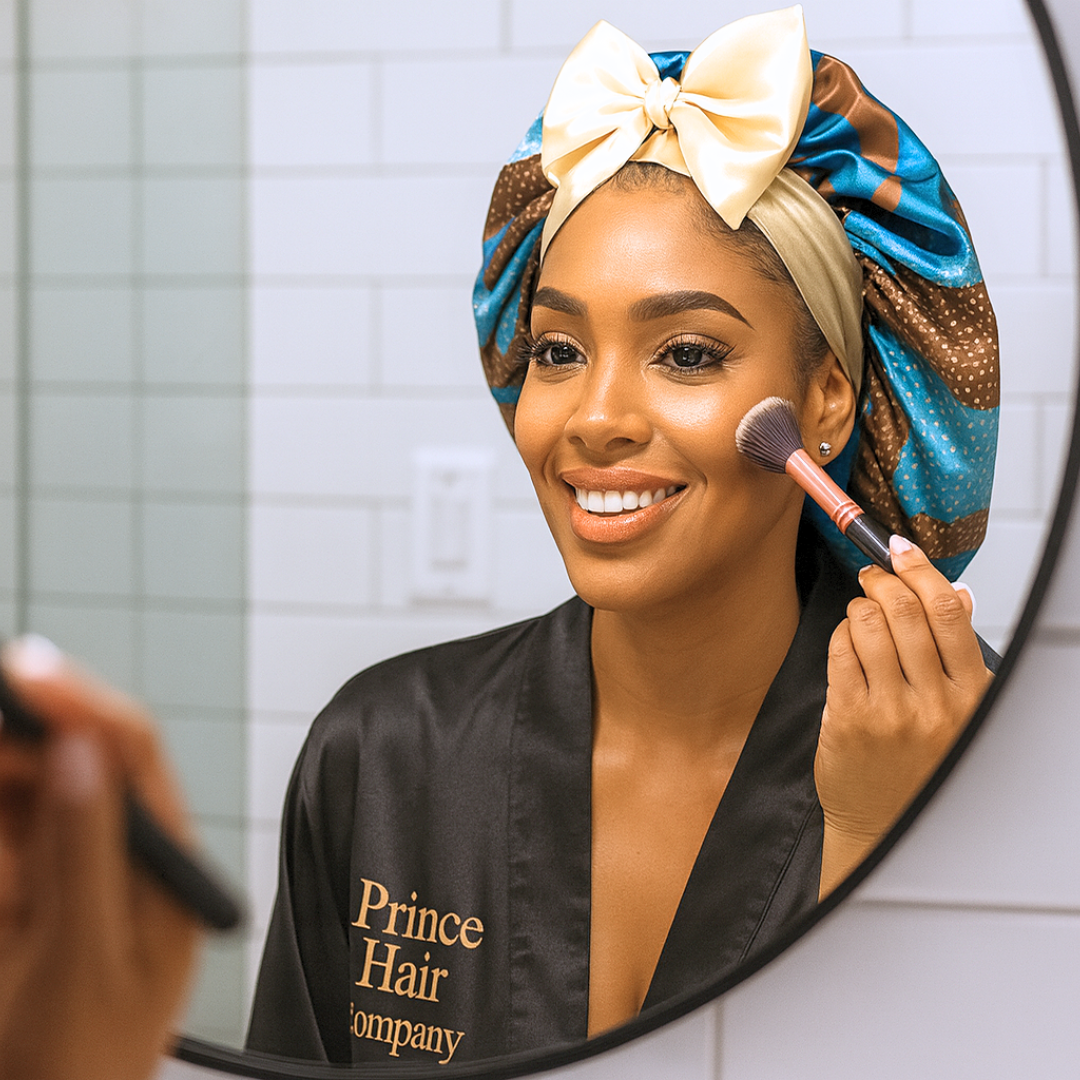 Woman wearing a brown Ankara charmeuse silk satin hair bonnet applying makeup with a brush, wearing a 'Prince Hair Company' robe, in front of a mirror.