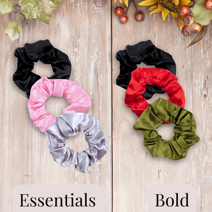 Handmade satin scrunchies in vibrant color sets. Essential set (black, pink and silver), and Bold set (black, red and Moss green). 