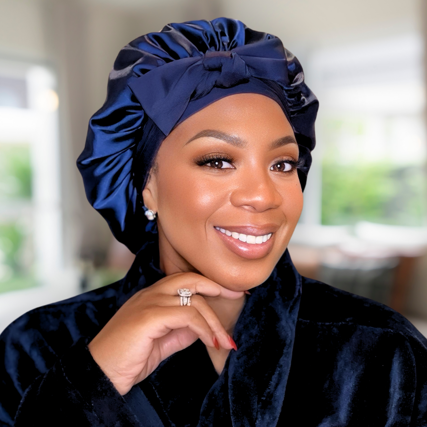 Satin Lined Stretch Tie Hair Bonnet - Navy Blue | Premium Hair Protection