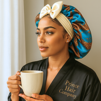 Woman wearing a 'Prince Hair Company' robe and brown Ankara charmeuse silk satin hair bonnet with gold ties, holding a mug.