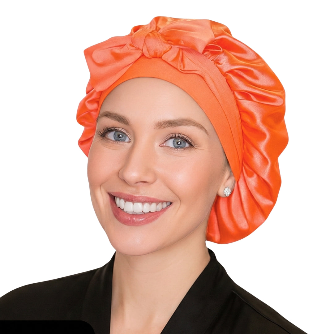 Neon Orange Original Stretch Tie satin bonnet by Prince Hair Company — adjustable, stays on all night for curls, braids & locs