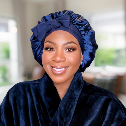 Satin Lined Stretch Tie Hair Bonnet - Navy Blue | Premium Hair Protection