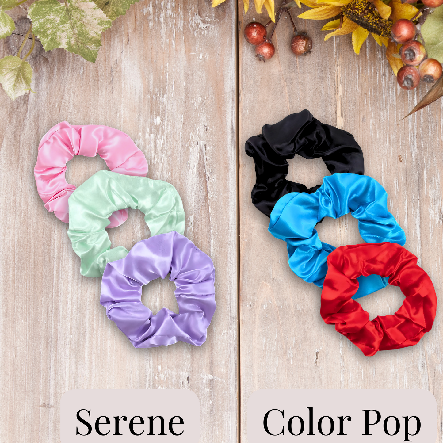 Handmade satin scrunchies in vibrant color sets. Serene Set (pink, aqua and lavender) and Color Pop ( black, blue and red). 