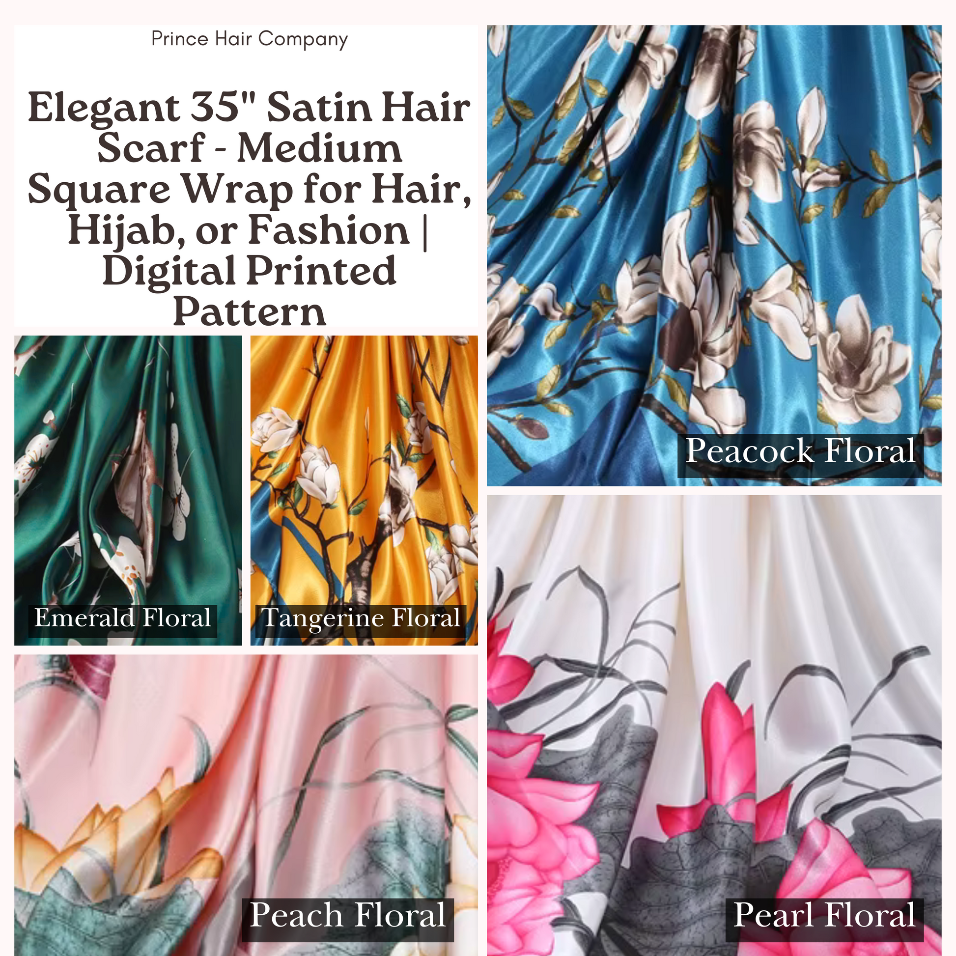 satin floral hair scarves grid showcasing the different patterns being offered. 