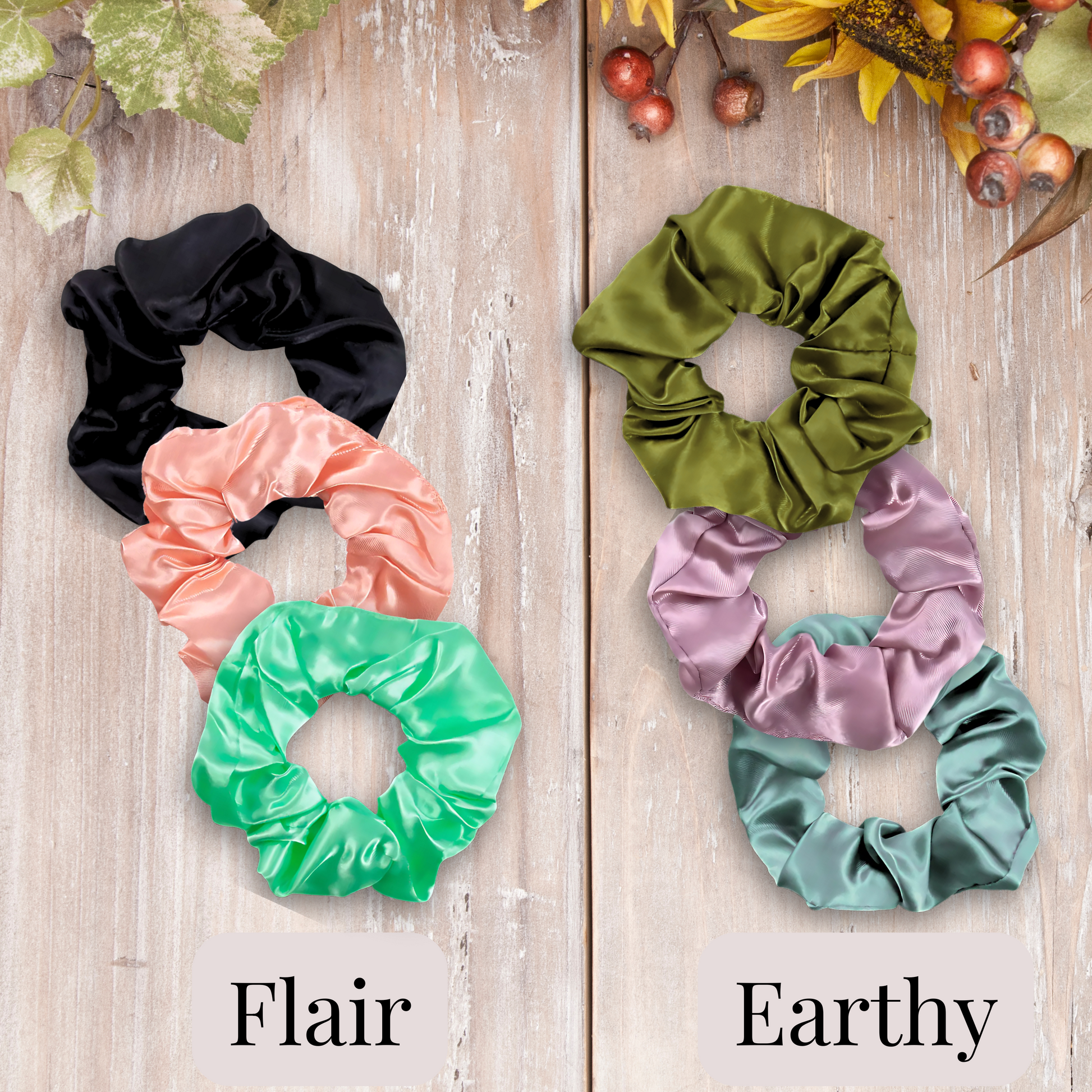 Handmade satin scrunchies in vibrant color sets. Flair Set (black, peach and aqua green) and Earthy ( Moss green, Mauve and Sage). 