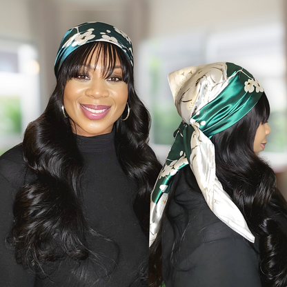 Beautiful African American women modeling emerald green square silk scarf on head. used as a turban or hijab. 