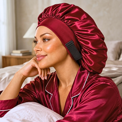 A woman in a burgundy satin sleepwear robe and matching satin bonnet sits on a bed in a softly lit bedroom. The bonnet has a black adjustable strap, and the robe has white piping.