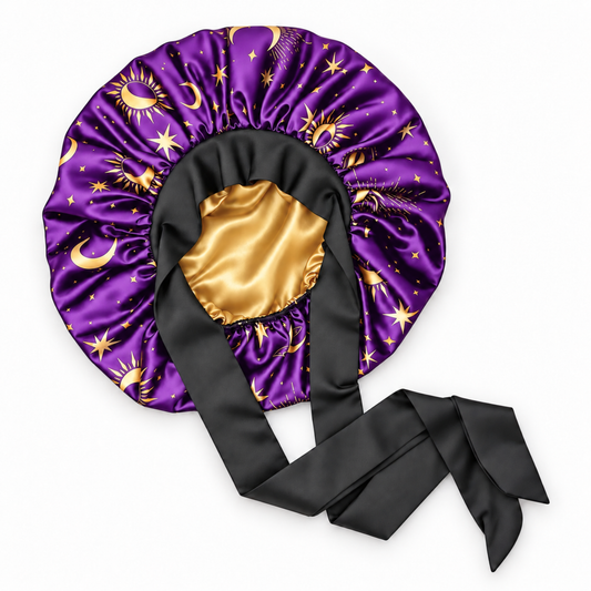 Purple satin bonnet with a celestial print of gold crescent moons and stars, featuring a black satin chin strap and a gold satin lining.