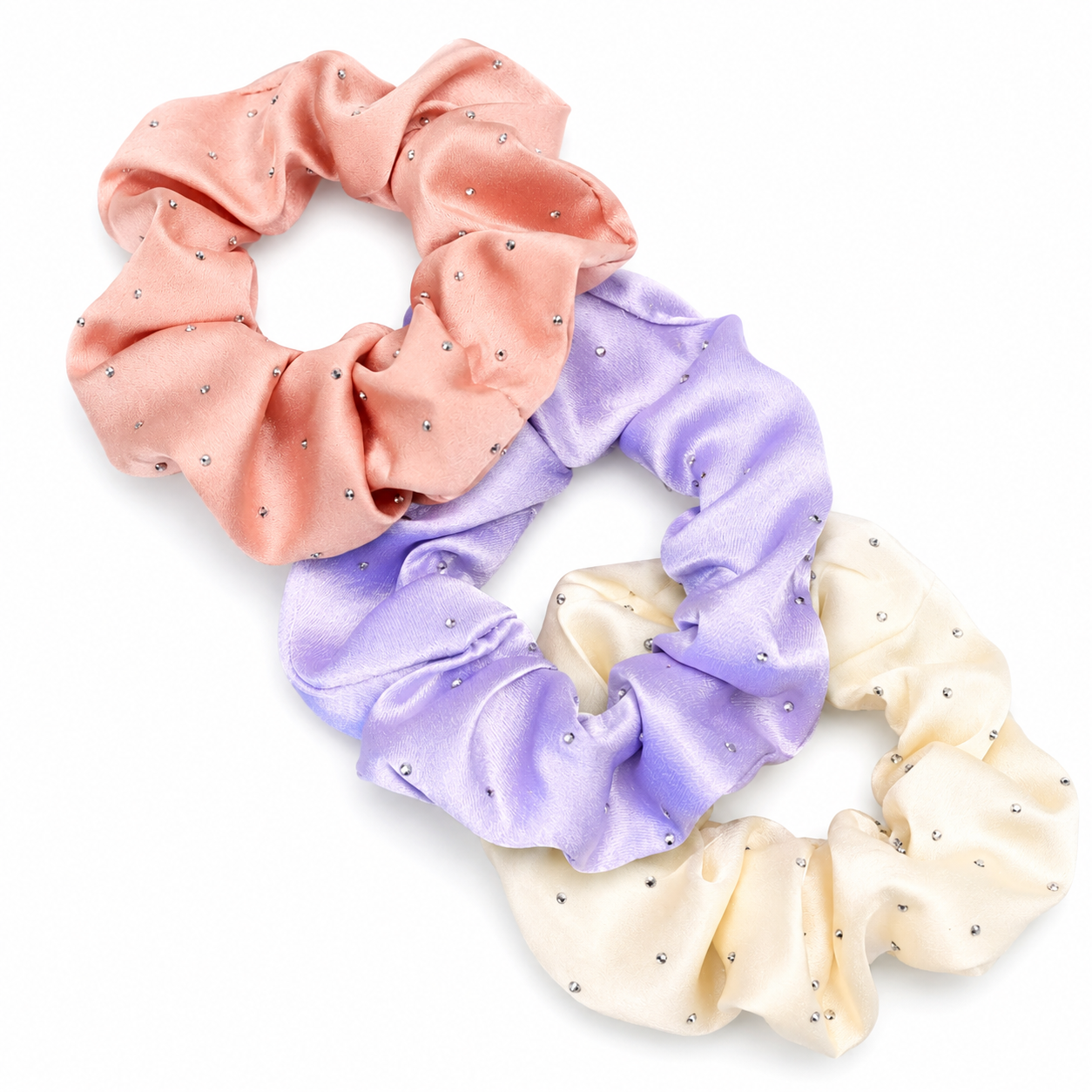 Rhinestone satin scrunchie trio showing gathered satin and sparkling details