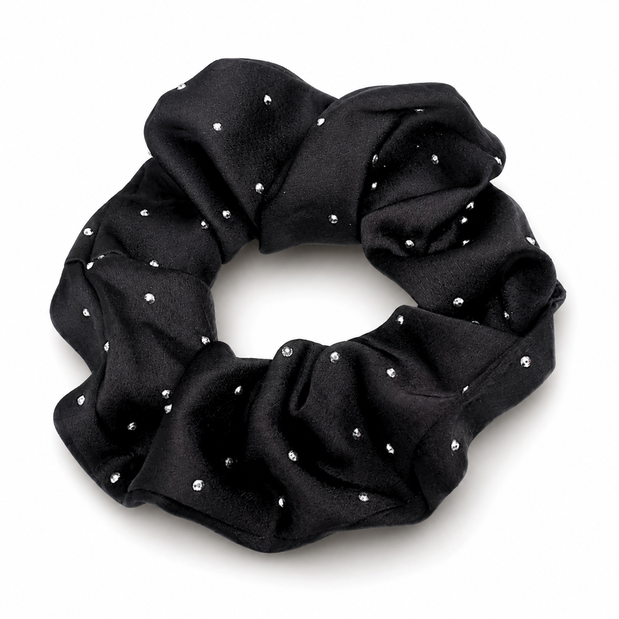 Black rhinestone satin scrunchie on a clean white background