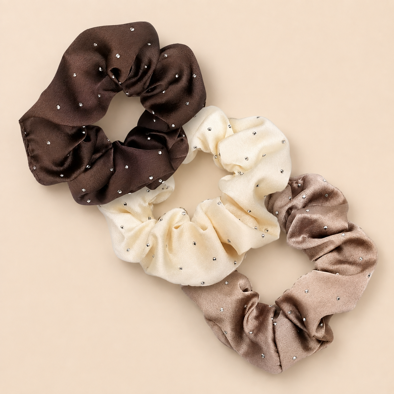 Earth-tone rhinestone satin scrunchie set in brown, cream and taupe