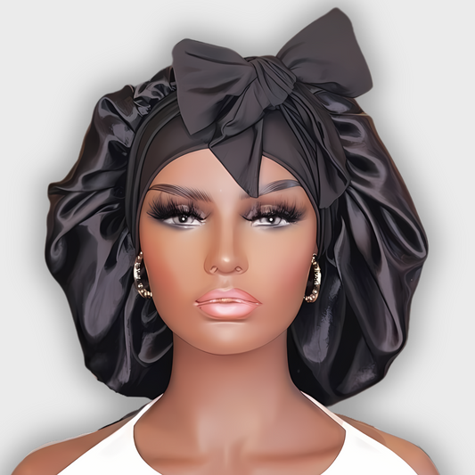 Black Satin-Lined Stretch Tie Bonnet