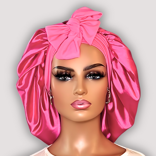 Hot Pink Satin-Lined Stretch Tie Bonnet