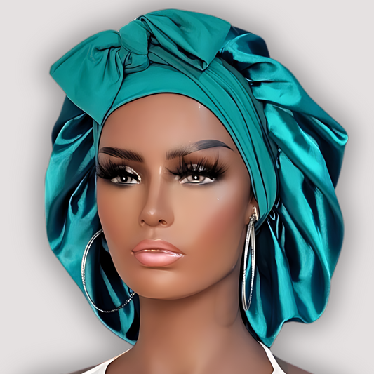 Satin-Lined Stretch Tie Satin Bonnet - Teal Green