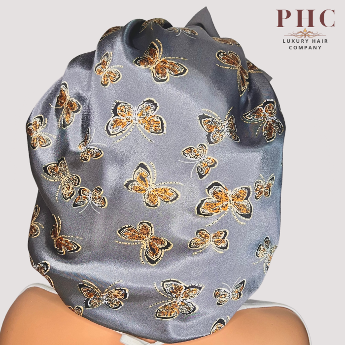 CLEARANCE - Gray Butterflies Satin Lined Stretch Tie Bonnet