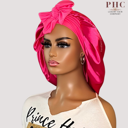 Hot Pink Satin-Lined Stretch Tie Bonnet