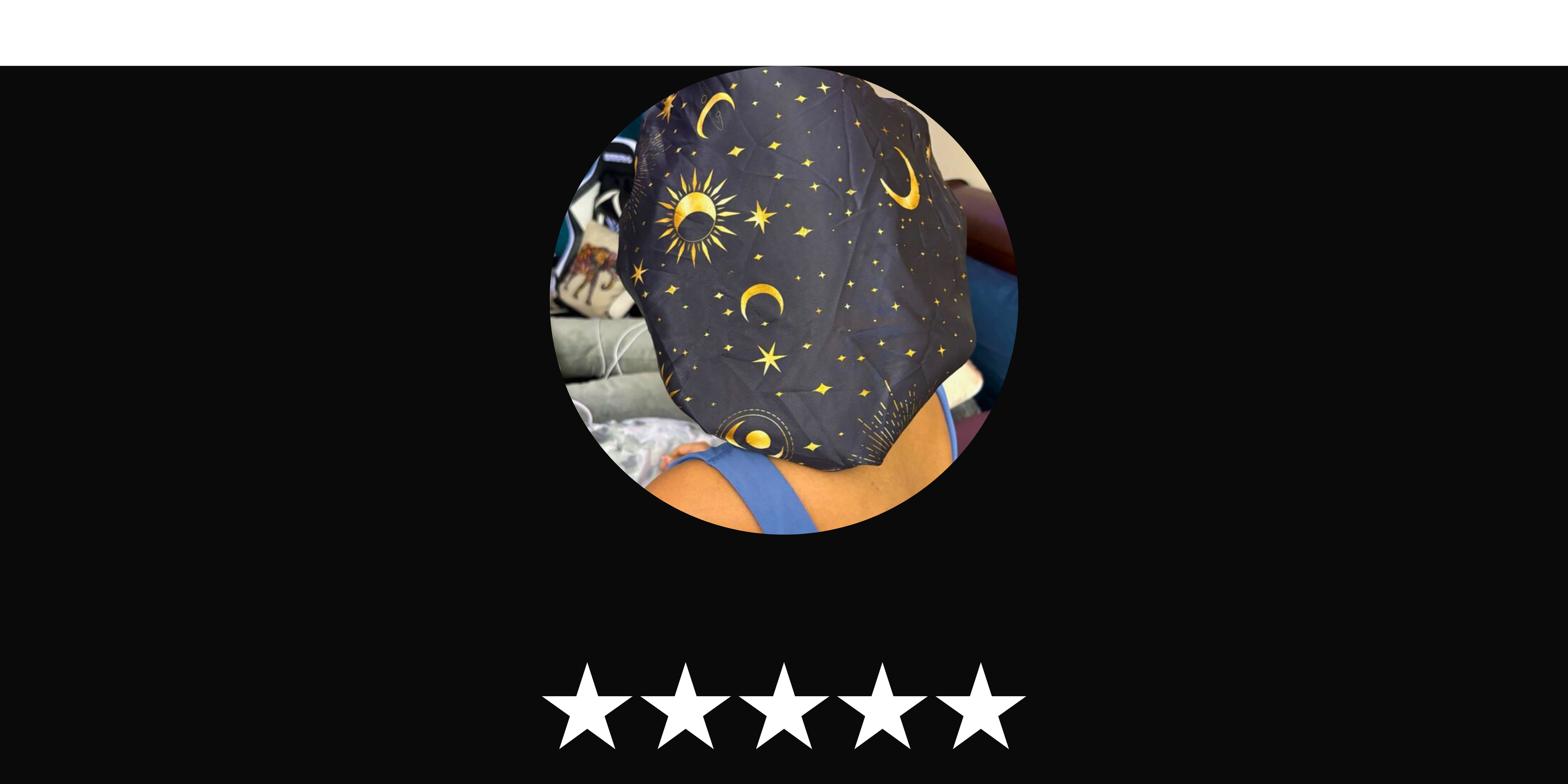 Circular image of a model wearing the Original Stretch Tie Bonnet "Starry Night" print with star and moon pattern on a black background above a 5 star rating