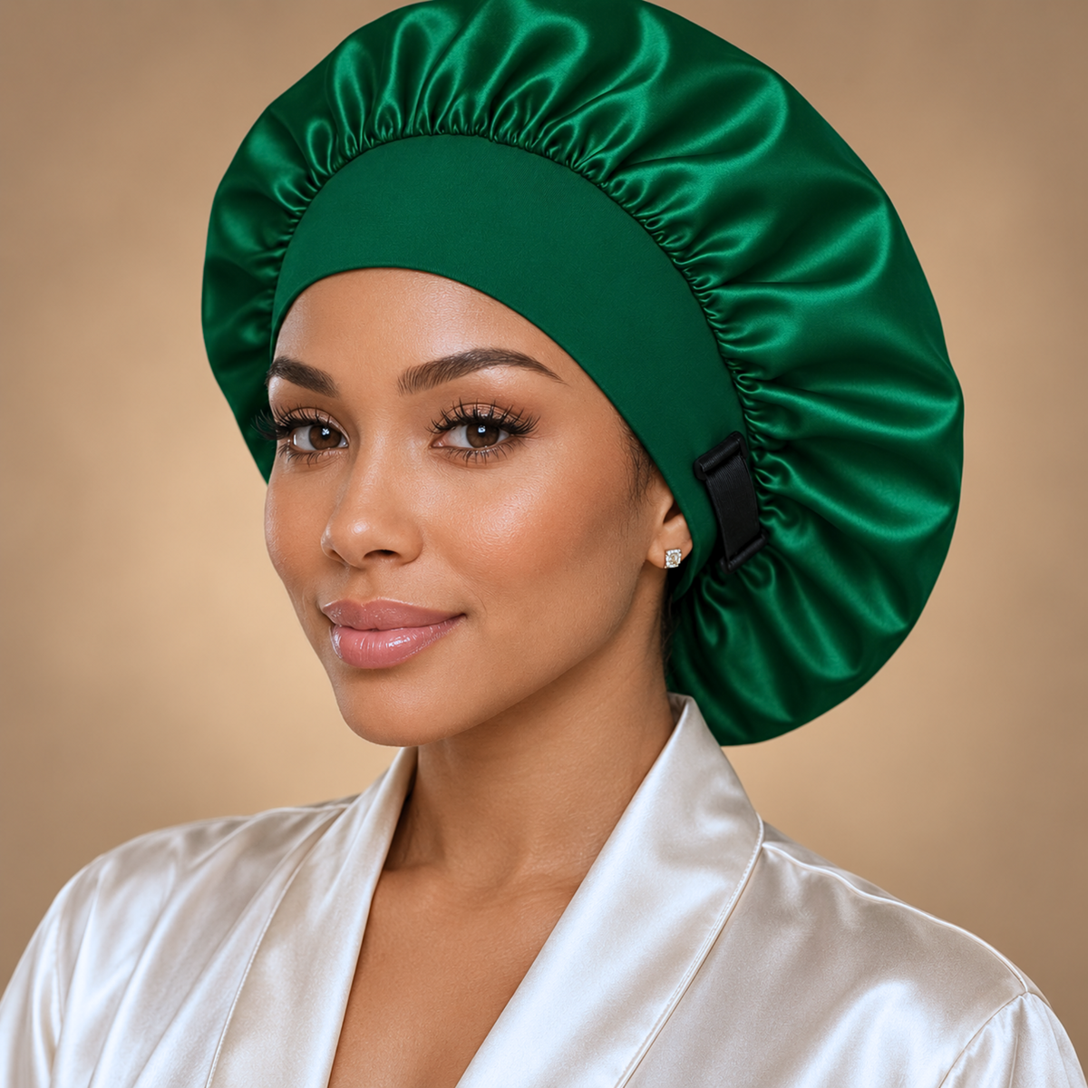 A woman wearing a shiny emerald green satin bonnet with a black adjustable strap, paired with a matching satin robe against a warm beige background.