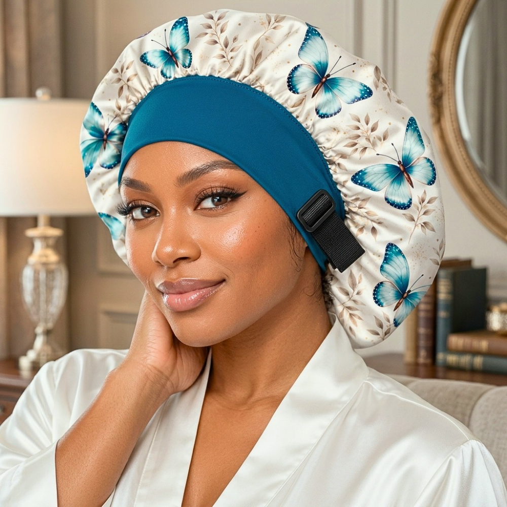 A woman wearing a satin sleep cap with a blue butterfly pattern and a solid blue elastic band, posed in a cozy indoor setting.