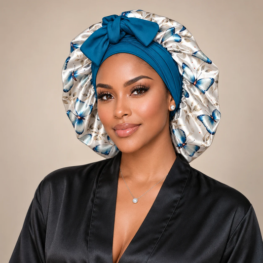 A woman wearing a satin sleep cap with a blue bow and blue butterfly print, paired with a black satin robe, against a solid beige background.