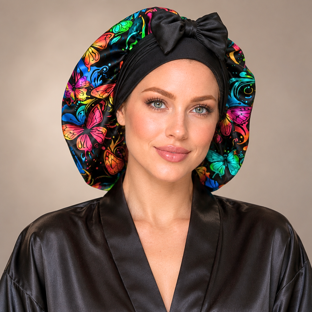 A woman wearing a black satin sleep cap with a large bow and a vibrant multicolor butterfly print, paired with a black satin robe, against a neutral beige background.