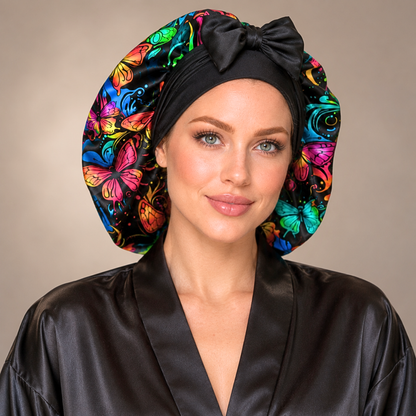 A woman wearing a black satin sleep cap with a large bow and a vibrant multicolor butterfly print, paired with a black satin robe, against a neutral beige background.