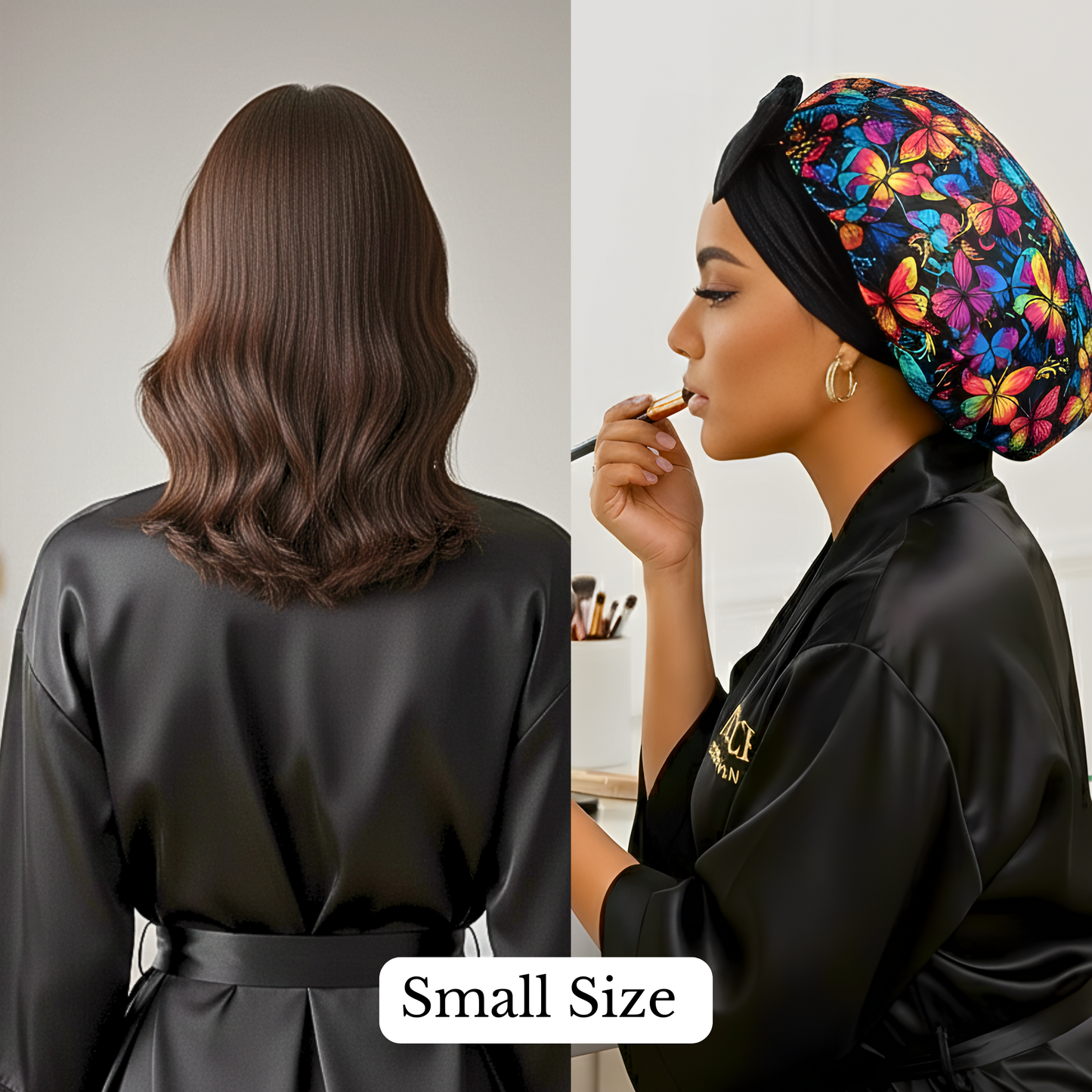 Split image showing a woman applying makeup while wearing a colorful butterfly-patterned Charmeuse silk satin hair bonnet and black robe beside the back view of a European woman with slightly wavy, shoulder-length brown hair. The combined image is labeled “Small Size,” illustrating the fit and coverage of the handmade Prince Hair Company satin bonnet for short to mid-length hair types.