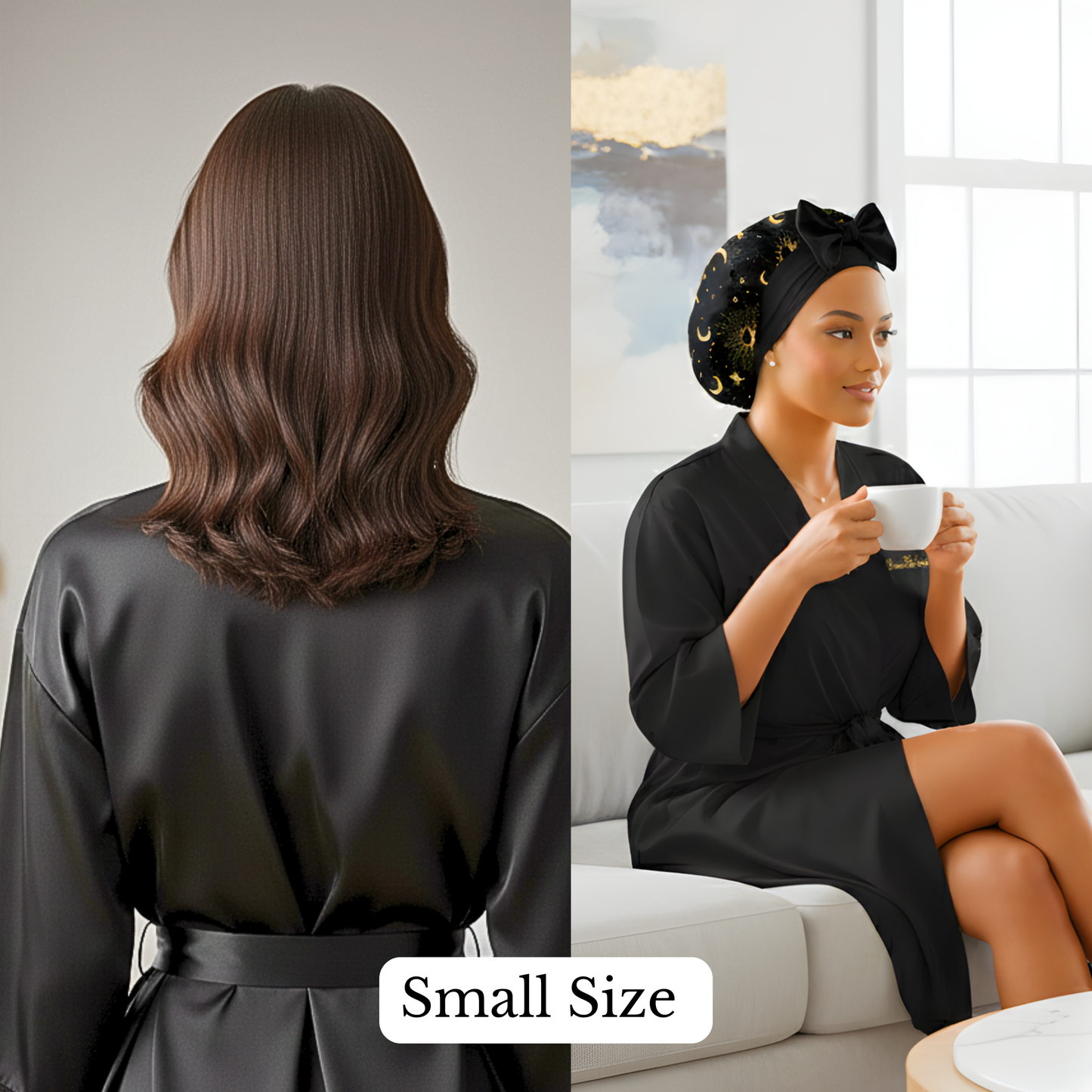 Charmeuse Silk Satin Bonnet with Adjustable Stretch Ties for All Hair Types | Comfortable Cosmic Celestial Print Satin Sleep Cap for Natural, Curly, Coily, Wavy, and Straight Hair