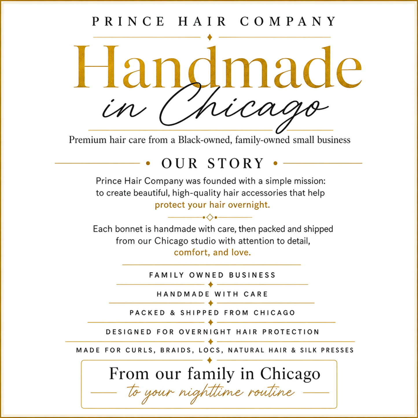 Prince Hair Company advertisement with text about handmade hair care products from Chicago.