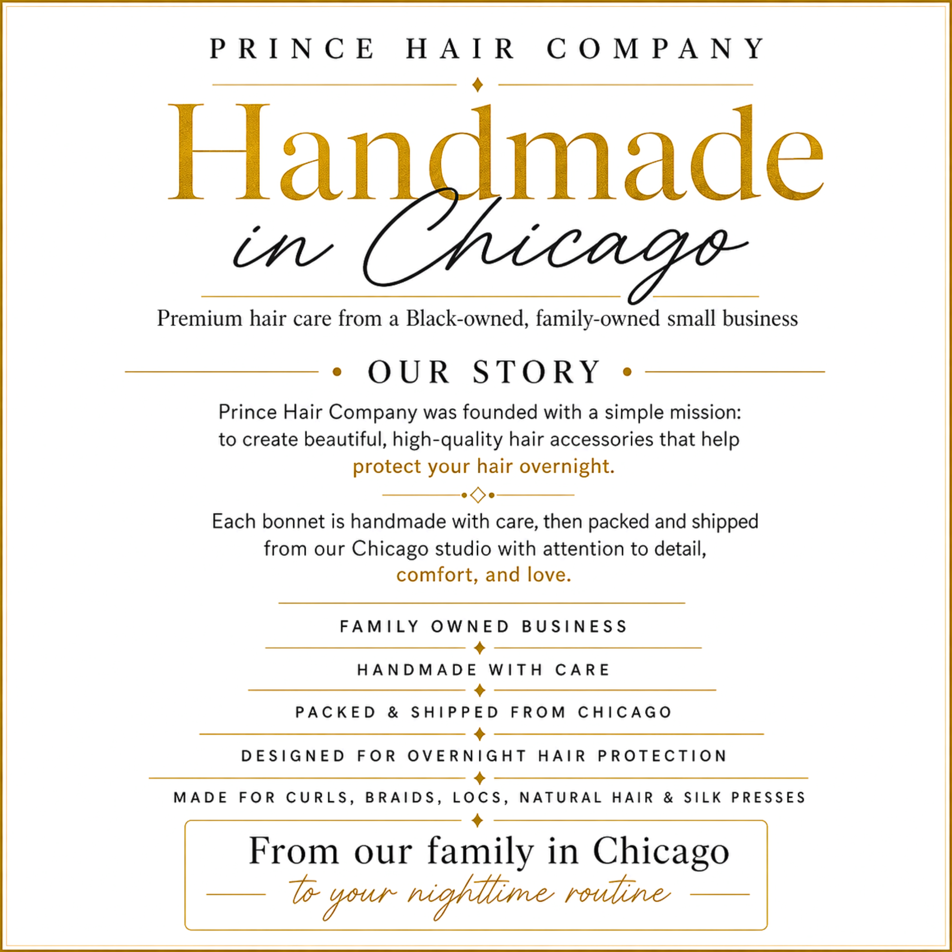 Prince Hair Company advertisement with text about handmade hair care products from Chicago.