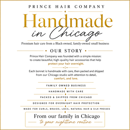 Prince Hair Company advertisement with text about handmade hair care products from Chicago.